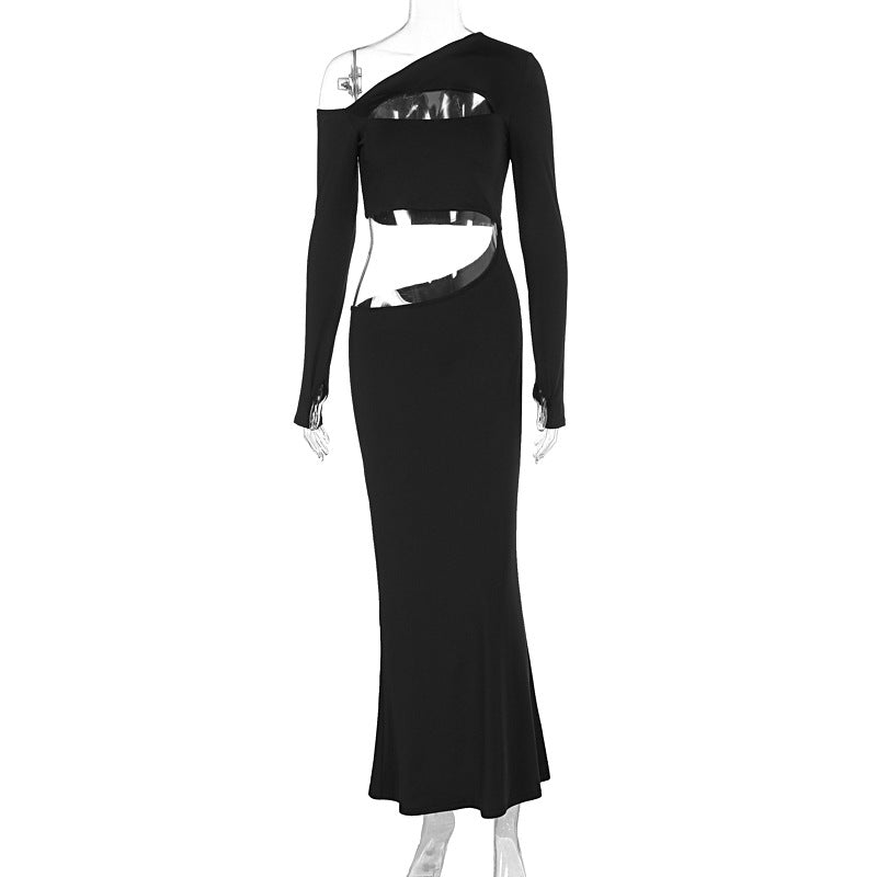 Hollow solid color slanted neck long sleeved dress