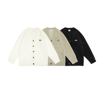 V-Neck Embroidered Label Loose Knit Cardigan Sweater Coat