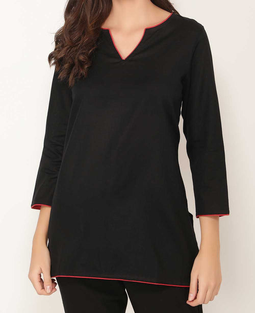 Black And Red Woven Cotton Tunic Top