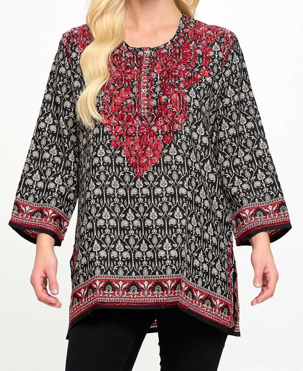 Black and White Tunic With Red Hand Embroidery