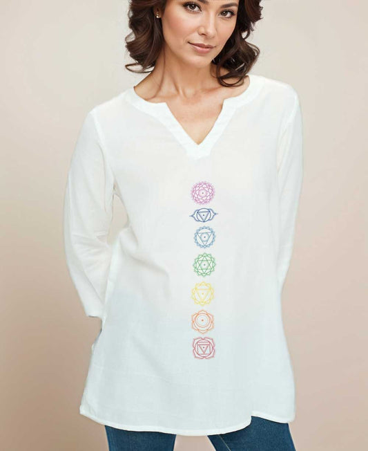 Chakra Design White Woven Lightweight Cotton Tunic Top