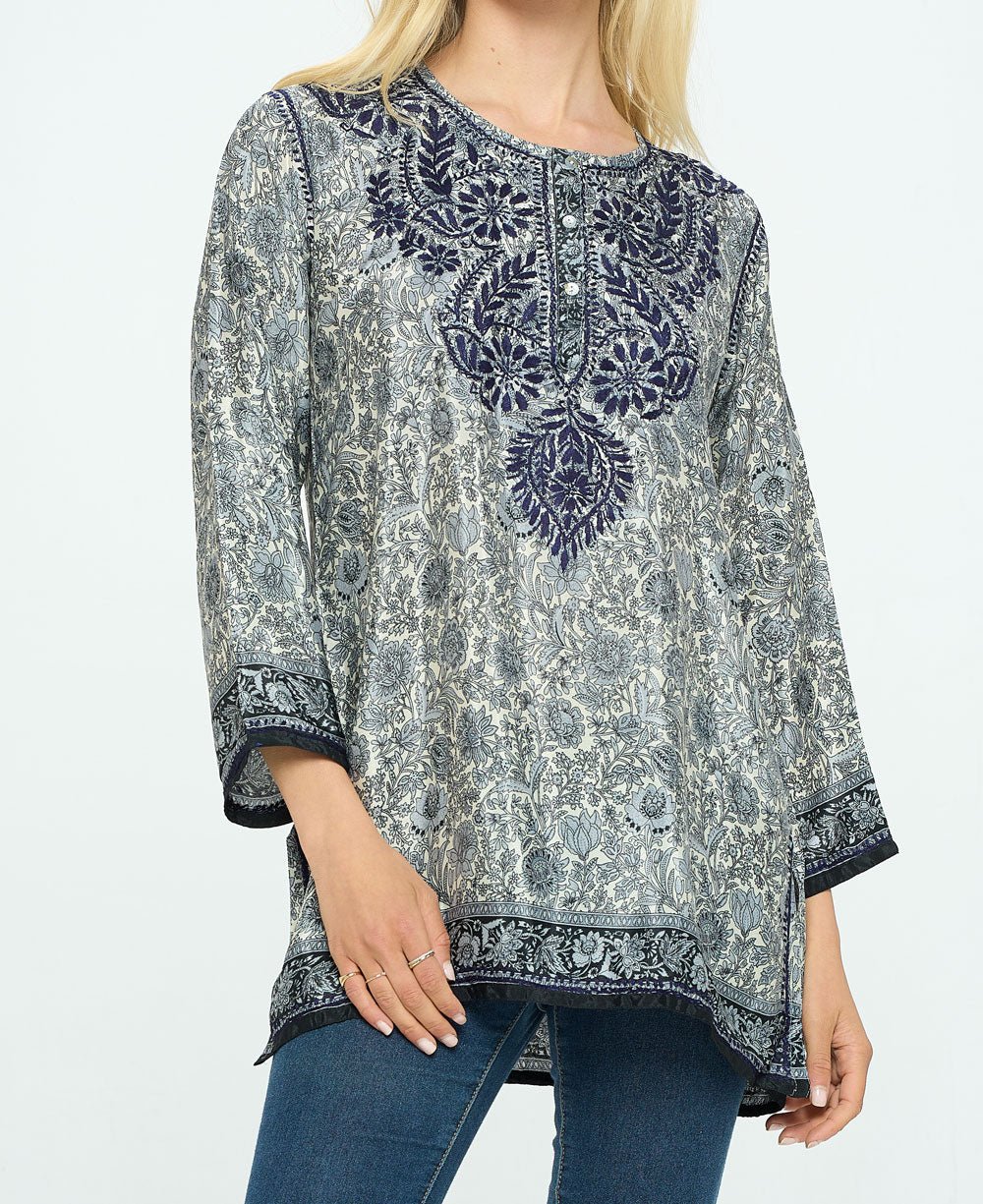 Midnight Floral Garden Embroidered Tunic Top