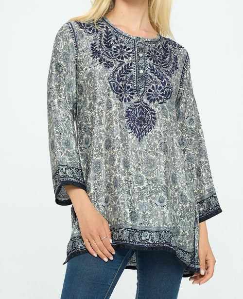 Midnight Floral Garden Embroidered Tunic Top