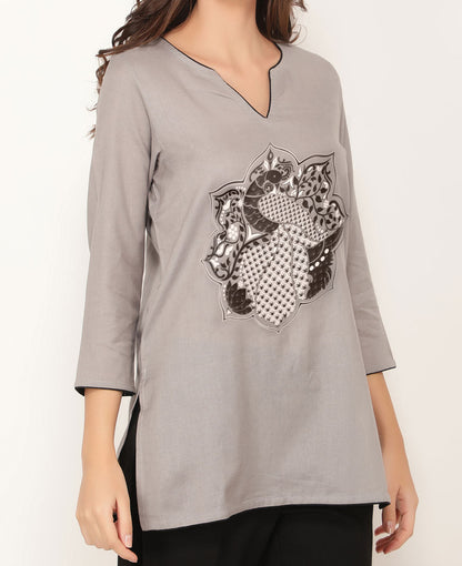 Peacock Lotus Mandala Grey and Black Cotton Tunic Top
