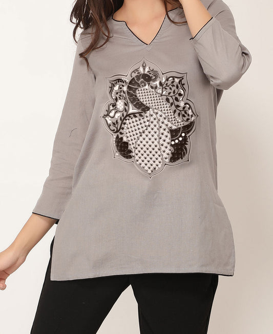 Peacock Lotus Mandala Grey and Black Cotton Tunic Top
